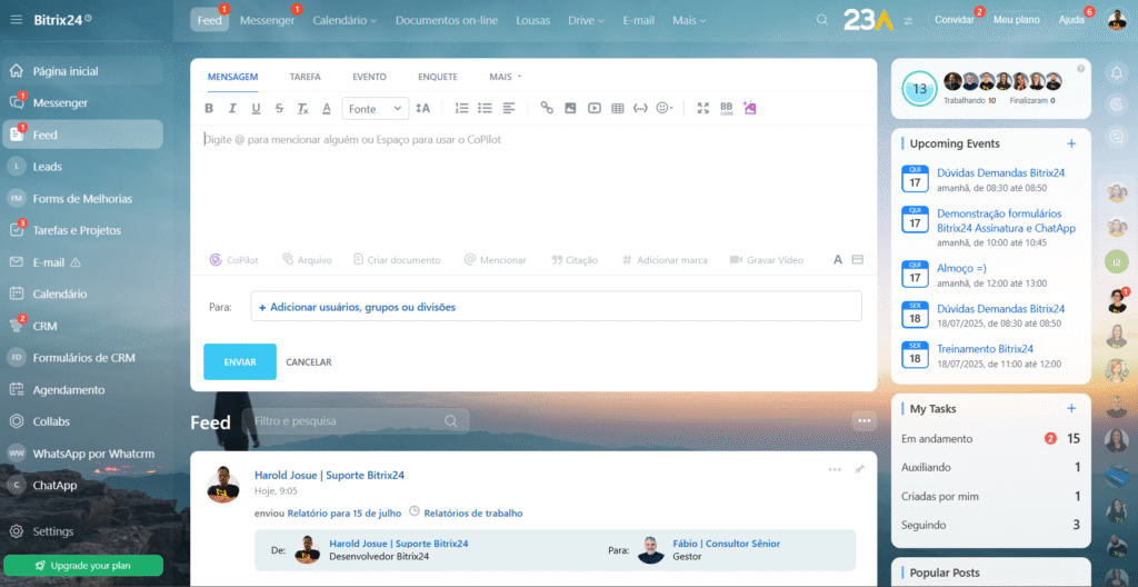 Tela do Bitrix24 mostrando uma caixa de texto em que são inseridos comunicados no feed para a equipe.